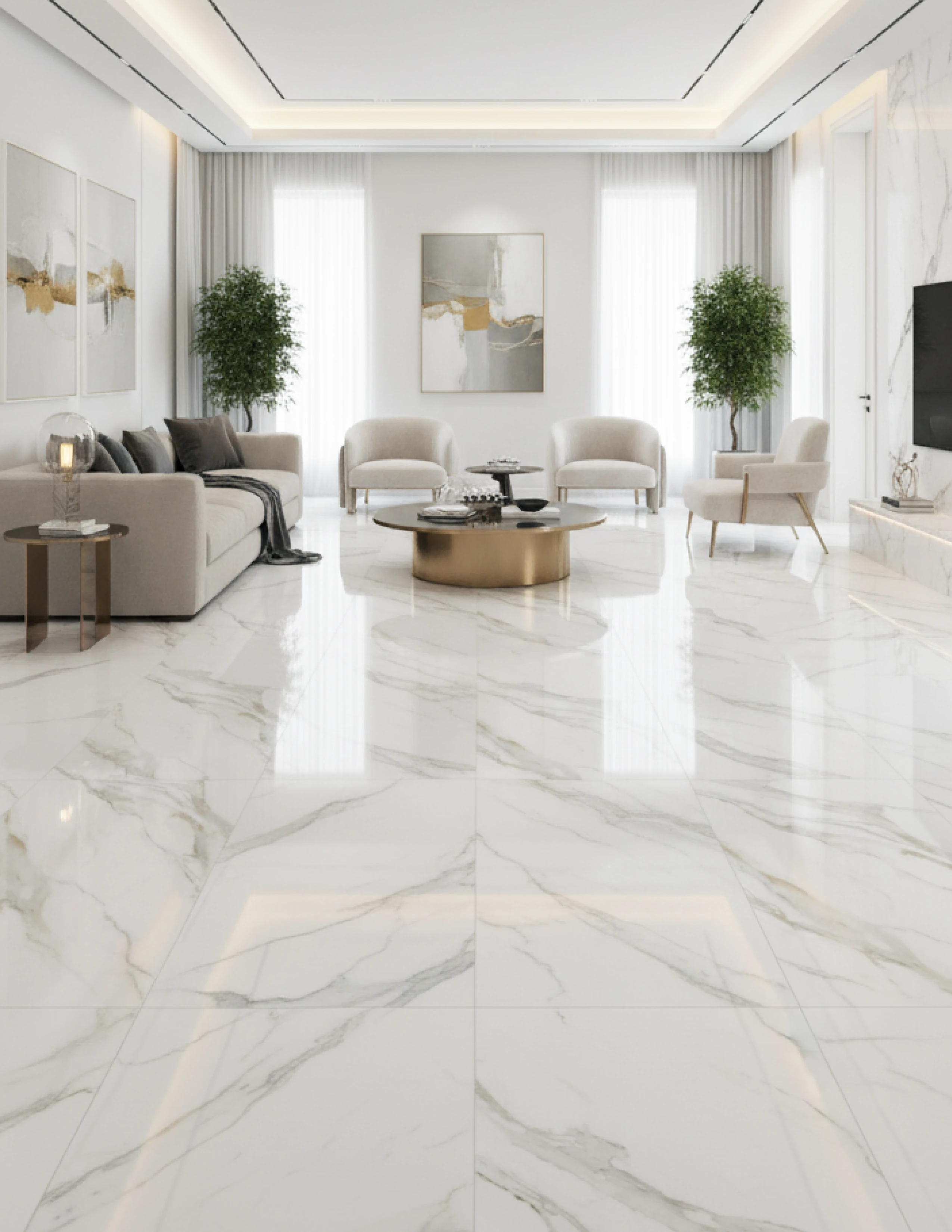 White Marble — sala con mármol blanco veteado en gran formato